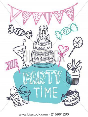 Hand drawn doodle party time set . Pattern