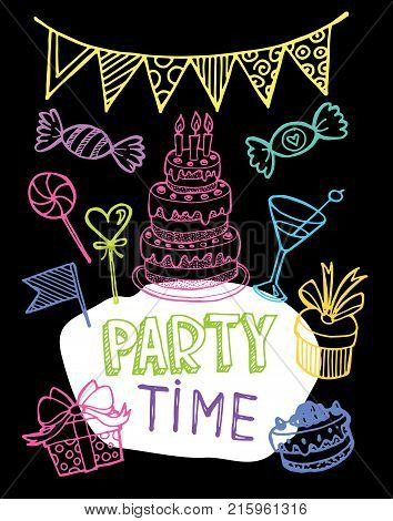 Hand drawn doodle party time set . Pattern