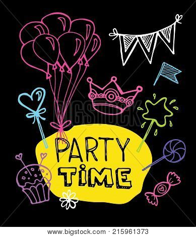 Hand drawn doodle party time set . Pattern