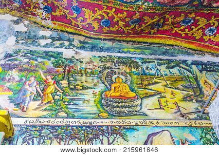 KETAWALA SRI LANKA - DECEMBER 1 2016: The Image House of Bogoda Temple decorated with bright paintings on walls and floral patterns on ceiling on December 1 in Ketawala.