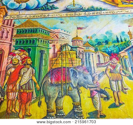 KETAWALA SRI LANKA - DECEMBER 1 2016: The old murals in Image House of Bogoda Temple depict historic and religious scenes on December 1 in Ketawala.