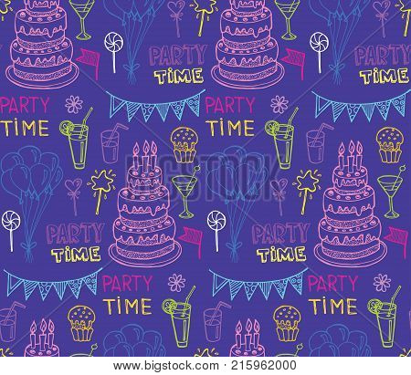 Hand drawn doodle party time set . Pattern