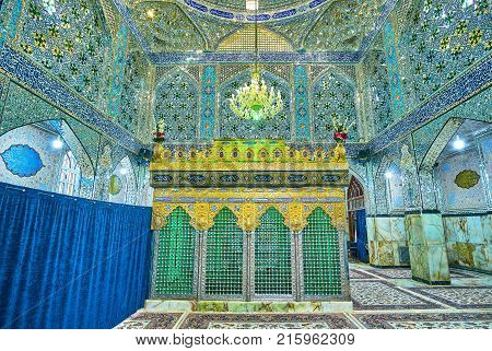 YAZD IRAN - OCTOBER 17 2017: Richly decorated tomb of Fazl Ibn-Musa in Shahzade Fazel Holy Shrine on October 17 in Yazd