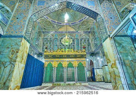 YAZD IRAN - OCTOBER 17 2017: The tomb of Fazel Ibn-Musa located in the middle of prayer hall and goes to the male and female sides on October 17 in Yazd