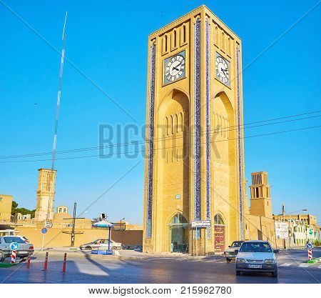 YAZD IRAN - OCTOBER 17 2017: Modern brick clock tower suits the outer old city style very well on October 17 in Yazd