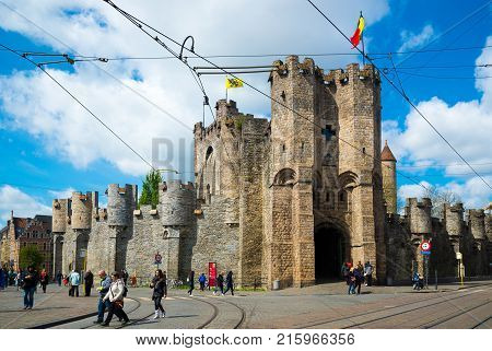 Ghent, Belgium - April 16, 2017: The Gravensteen or Castle of the Counts is a castle in Ghent, built in 1180 and is the only medieval castle in Flanders. Belgium