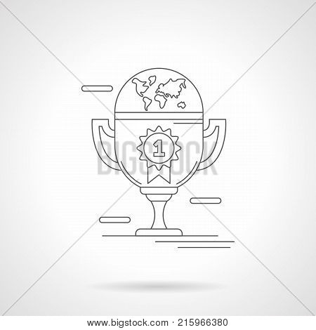 Abstract illustration of winner cup with first place badge and globe on top. World sport championship concept. Detailed flat line vector icon. Web design element.