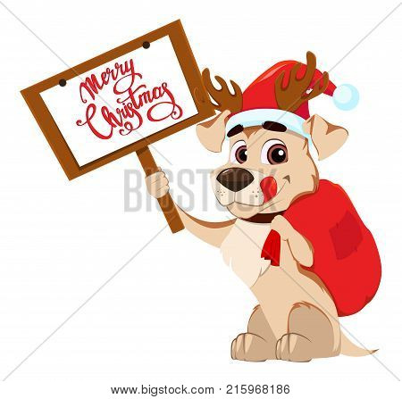 Merry Christmas greeting card. Cute dog wearing Santa Claus hat and deer antlers sitting near bag with presents. Vector illustration on white background