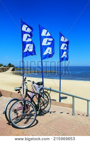 Montevideo, Uruguay - December 9: Bicycles Parked By The Beach Along Rio De La Plata On December 9,