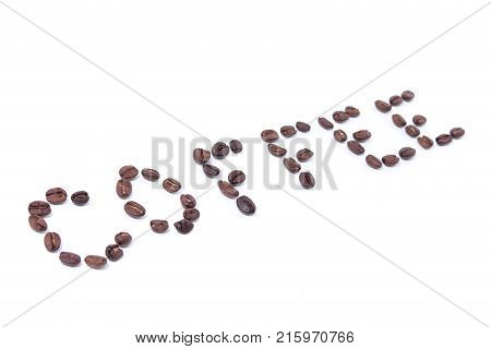 Inscription made of coffee beans coffee word. Coffee lettering.