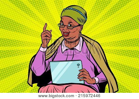 African elderly woman with a tablet. Pop art retro vector illustration