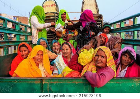 Fatehpur Sikri, India-january 30: Unidentified Women Sit In The Back Of A Truck On January 30, 2011