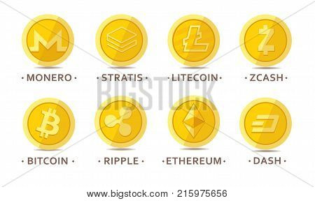 Set of cryptocurrency icons for internet money. Blockchain based secure. Isolated vector sign. Main cryptocurrency coins