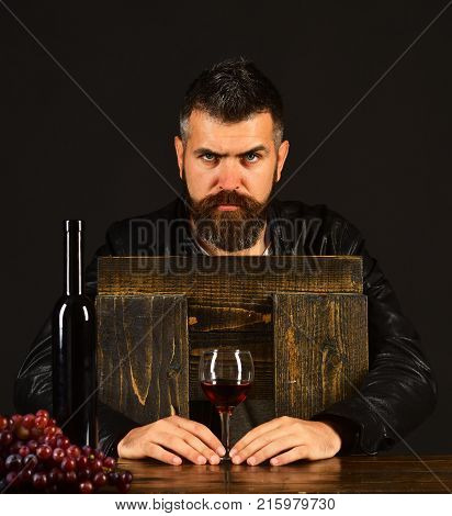 Sommelier Tastes Drink. Degustator With Strict Face Holds Wine Glass