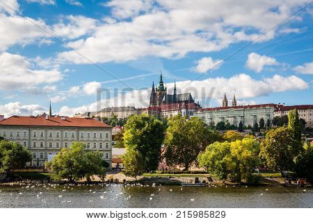 The Czech Republic capital of Prague from accross the Vltava River with Prague Castle in the background