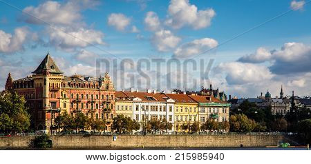A cityscape of the Czech Republic capital city of Prague from accross the Vltava River
