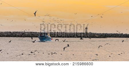 A photograph of a fishing boat at sunset with birds flocking and a sunset sky.