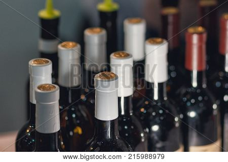 Wine bottles in the wine store. Alcohol