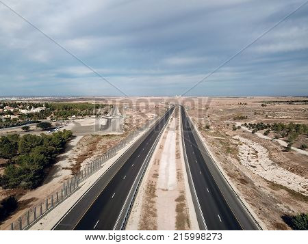 Top view of a highway through Israel in the region of the Negev