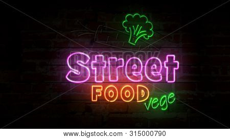 Street Food Vege Neon Symbol On Brick Wall. Light Bulbs With Vegetarian Food And Green Leaf Symbol 3