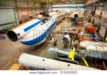 Tyumen, Russia - June 5, 2019: Aircraft Repair Helicopter Utair Engineering Plant. Mi-8 Helicopter D