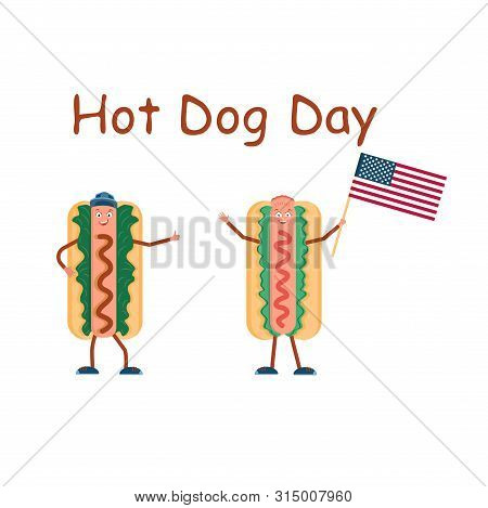 Hot Dogs On White Background With Flag Of America Vector Illustration. National Hot Dog Day