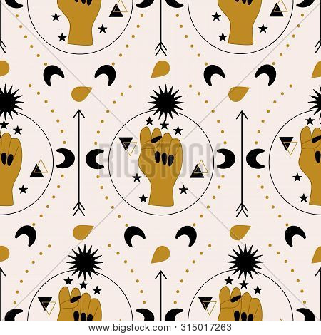 Hands And Geometric Elements In A Seamless Pattern Design
