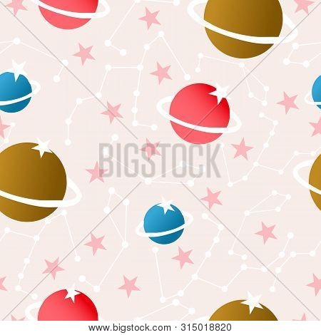 Planets And Celestial Elements In A Seamless Pattern Design. Vector Pattern