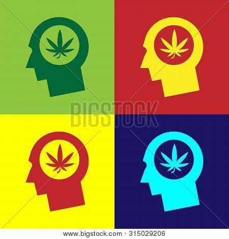Color Silhouette Of Male Head In Profile With Marijuana Or Cannabis Leaf Icon Isolated On Color Back