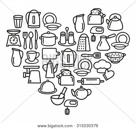 Cooking Set In Heart Template Of Modern Thin Line Icons Home Tableware, Household And Kitchen Utensi