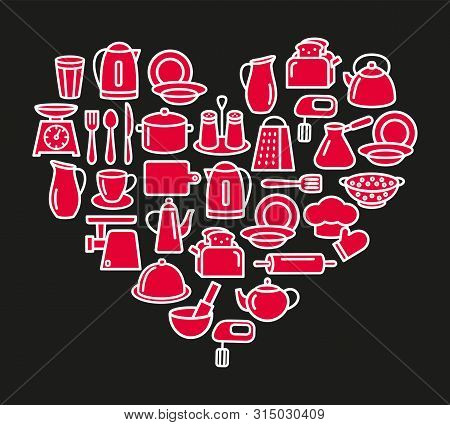 Cooking Set In Heart Template Of Modern Thin Line Icons Home Tableware, Household And Kitchen Utensi