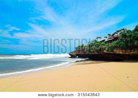 Beautiful Sea View With White Sand, Beautiful Drini Beach In Yogyakarta With Bright Blue Sky, White 