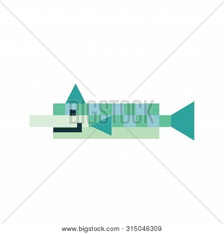 Cute Neo Mint Green 8 Bit Mackerel Vector Illustration. Sealife Pixel Clipart.