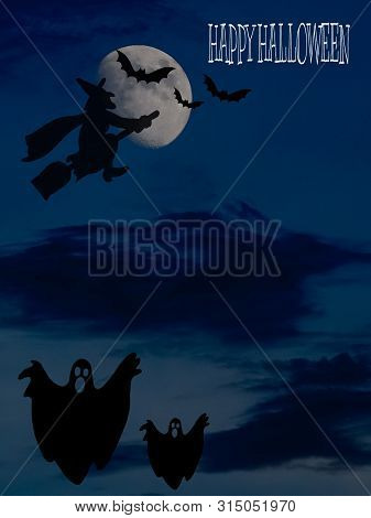 Halloween Card With Full Moon And Bats