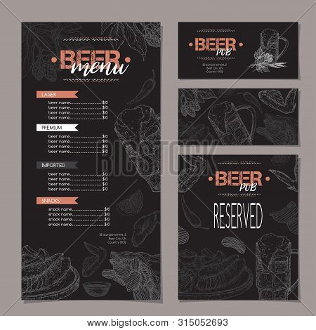 Beer Bar Menu And Card Templates Featuring Beer Mug, Hop Branch, Wheat, Chips, Chicken Wings And Sna