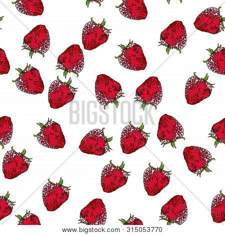 Strawberry Berries Seamless Pattern On White Background.