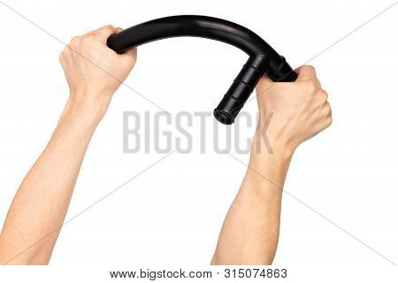 Two White Arms Bending Black Rubber Police Baton Isolated On White Background