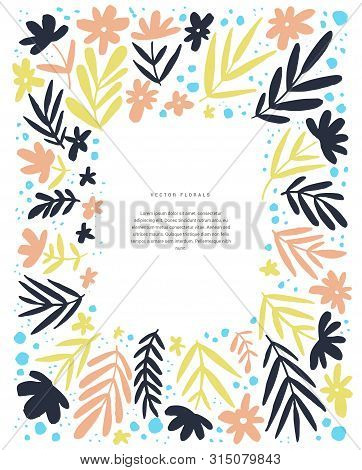 Floral Text Frame Vector Template. Border With Flat Hand Drawn Leaves And Flowers Illustrations. Vin