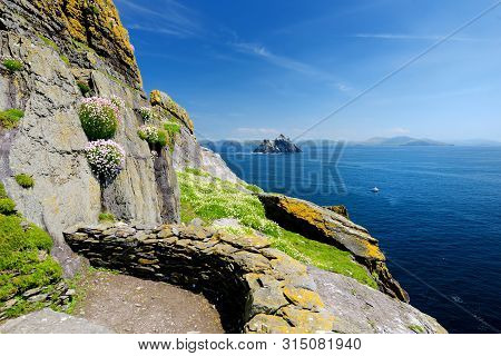 Skellig Michael Or Great Skellig, Home To The Ruined Remains Of A Christian Monastery. Inhabited By