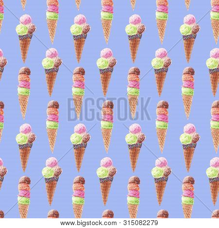 Seamless Pattern With Ice Cream Cones Isolated On Blue Background. Hand Drawn Watercolor Painting. D