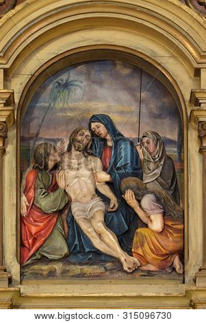 ZAGREB, CROATIA - MARCH 11: 13th Stations of the Cross, Jesus' body is removed from the cross, Saint John the Baptist church in Zagreb, Croatia, on March 11, 2017.