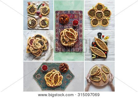 Food Collage With A Variety Arab Flatbreads. Close Up.