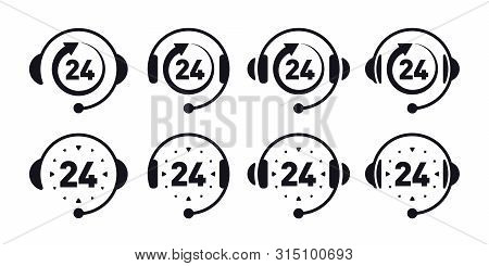 Call Center 24 Hrs Symbols On White Background. Support Flat Icons.