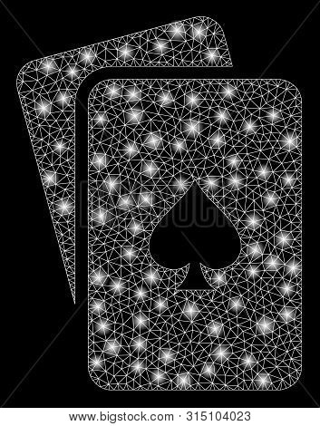 Glowing Mesh Peaks Playing Cards With Sparkle Effect. Abstract Illuminated Model Of Peaks Playing Ca