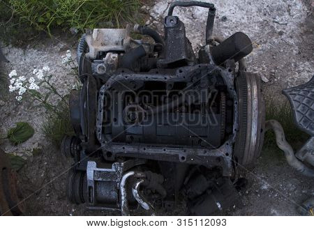 Engine Without Crankcase Is On The Ground