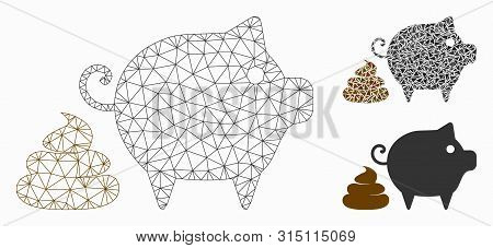 Mesh Pig Shit Model With Triangle Mosaic Icon. Wire Carcass Polygonal Mesh Of Pig Shit. Vector Mosai