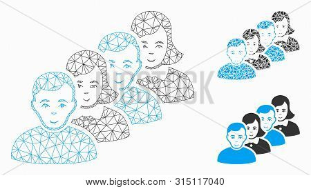 Mesh People Queue Model With Triangle Mosaic Icon. Wire Carcass Polygonal Mesh Of People Queue. Vect