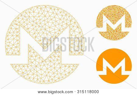 Mesh Monero Model With Triangle Mosaic Icon. Wire Frame Polygonal Mesh Of Monero. Vector Mosaic Of T