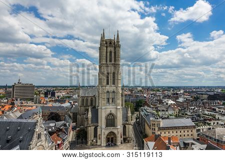 Gent, Flanders, Belgium -  June 21, 2019: Shot From Top Belfry. Sint-baafs Cathedral And Closeup Of 