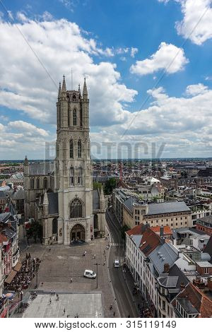 Gent, Flanders, Belgium -  June 21, 2019: Shot From Top Belfry. Sint-baafs Cathedral And Closeup Of 